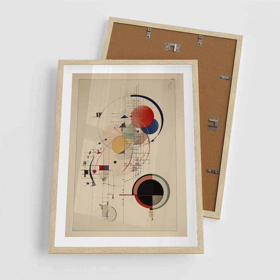 Plakat w ramie 50x70 - Impulsy Wydobyte z Cienia - abstrakcyjna geometryczna kompozycja, koła linie - rama drewno