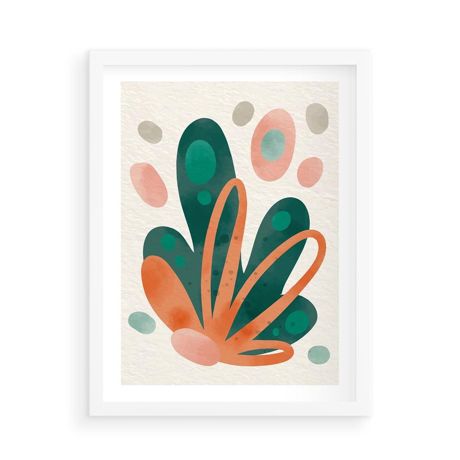 Plakat w ramie 50x70 - Harmonia bez Harmonii - akwarelowe abstrakcyjne kształty, zieleń i pomarańcz - rama biała