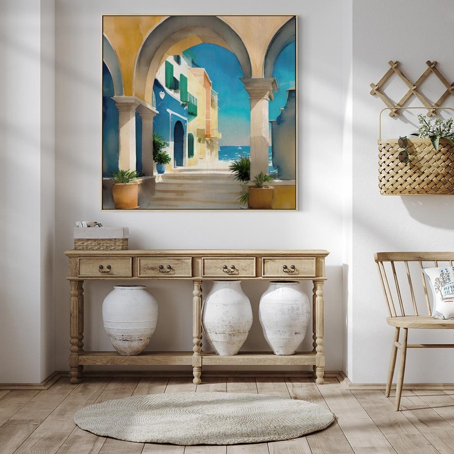 Obraz w ramie 80x80 - Nadmorskie Łuki - akwarela, śródziemnomorski klimat - rama drewno