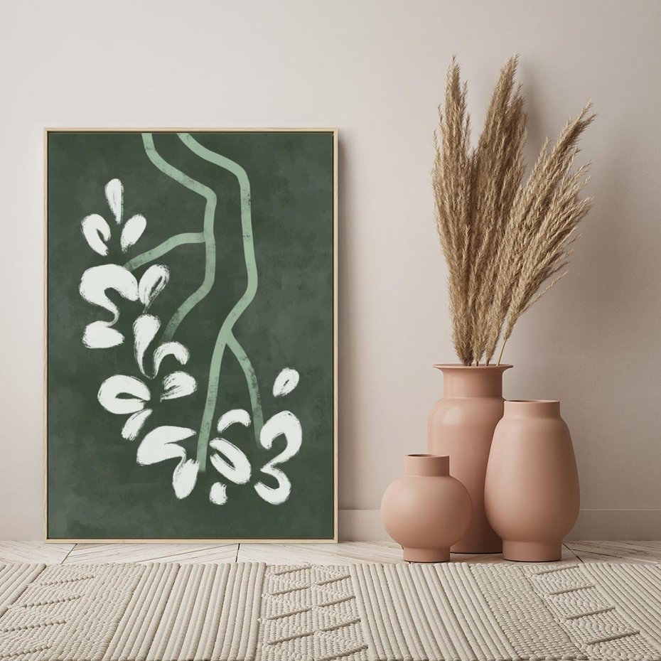 Obraz w ramie 80x120 - Rozkwitające Zielone Gałęzie - abstrakcyjne delikatne zielone linie, podobne do gałęzi kwiatów - rama drewno