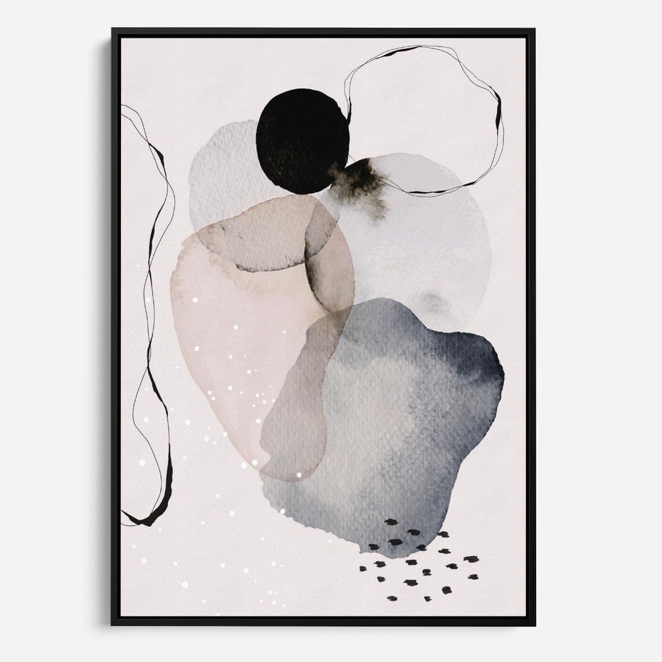 Obraz w ramie 50x70 - Migocące Barwy - abstrakcyjne plamy akwarelowe, czarny szkic - rama czarna