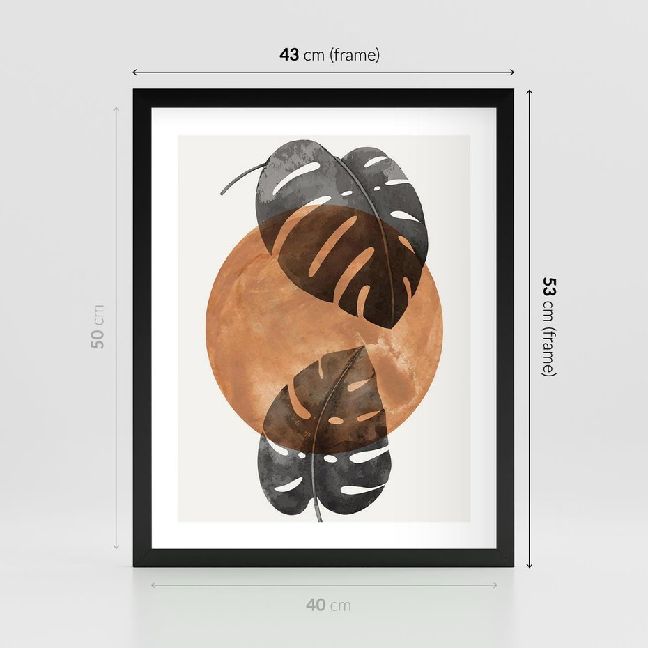 Plakat w ramie 40x50 - Elegancja w Detalach: Miedziane Koło z Monsterą - grafika, miedziane koło - rama czarna