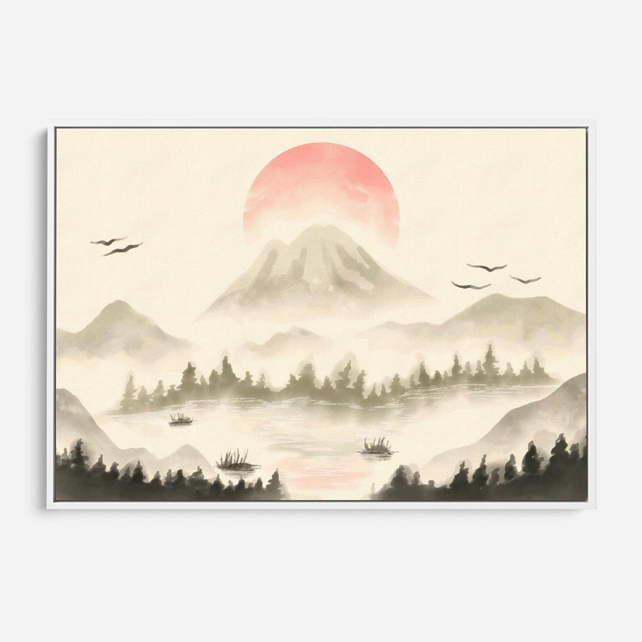 Obraz w ramie 120x80 - Przyroda Japonii - japońska akwarela, góry - rama biała