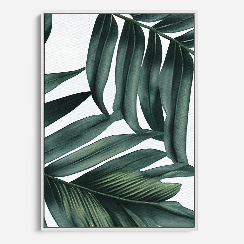 Obraz w ramie 80x120 - Ruchome liście czasu - liście palmy, tropikalne - rama biała