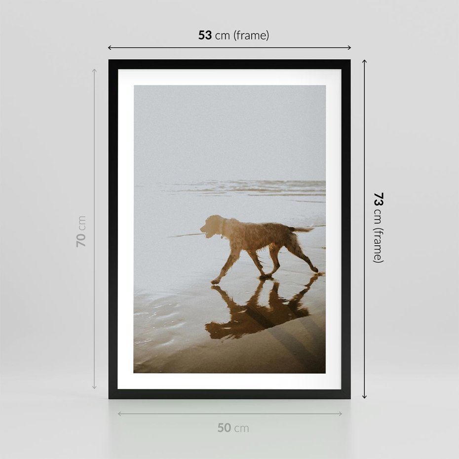 Plakat w ramie 50x70 - Przyjaciel na Plaży - pies, na plaży - rama czarna