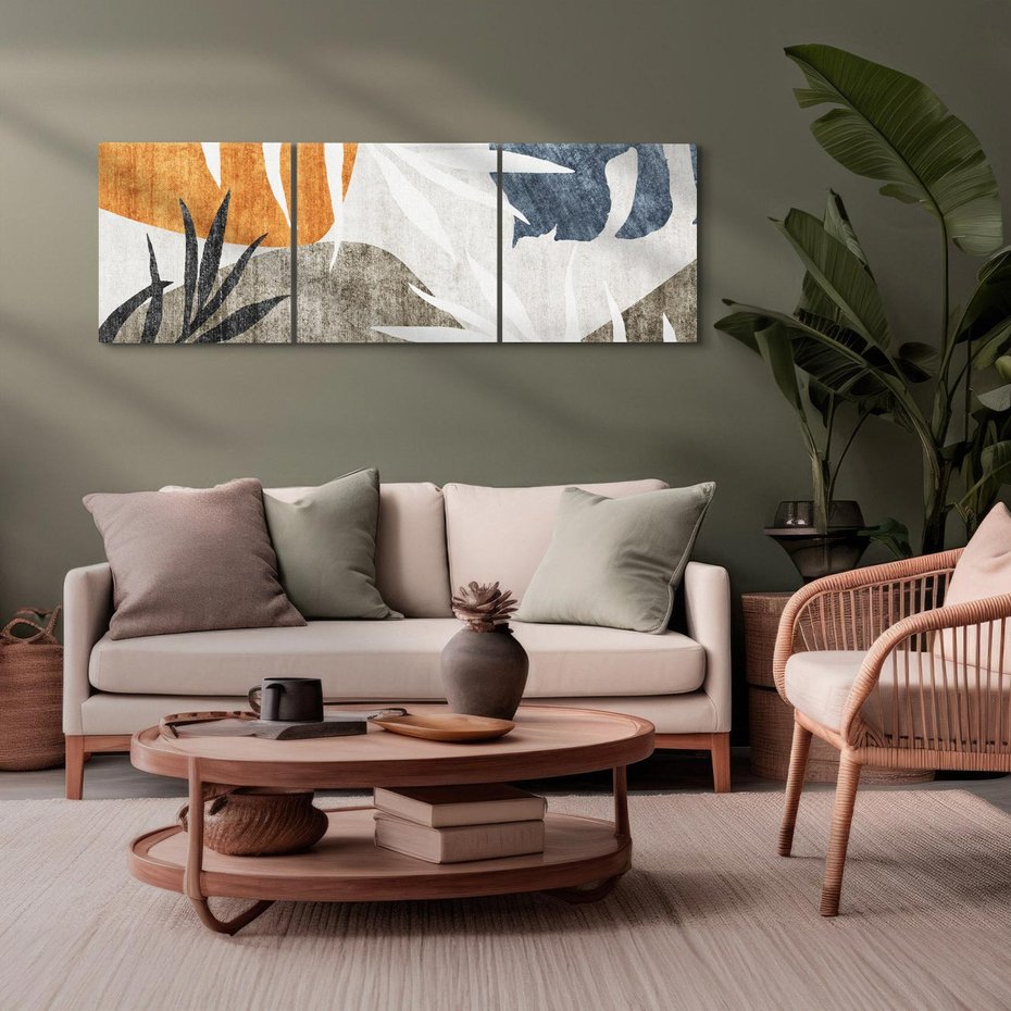 Obraz na płótnie 120x40 - Oddechy ciszy i ruchu - rzut liści palmy, monstery