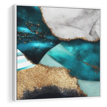 Obraz w ramie 50x50 - Rozlane Turkusy - Turkusowe plamy, złote elementy - rama biała