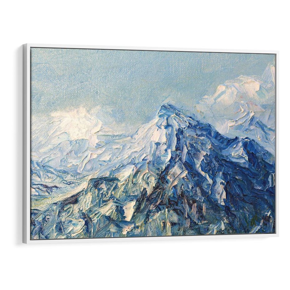 Obraz w ramie 120x80 - Majestat Błękitnych Szczytów - olejny obraz, górski pejzaż - rama biała