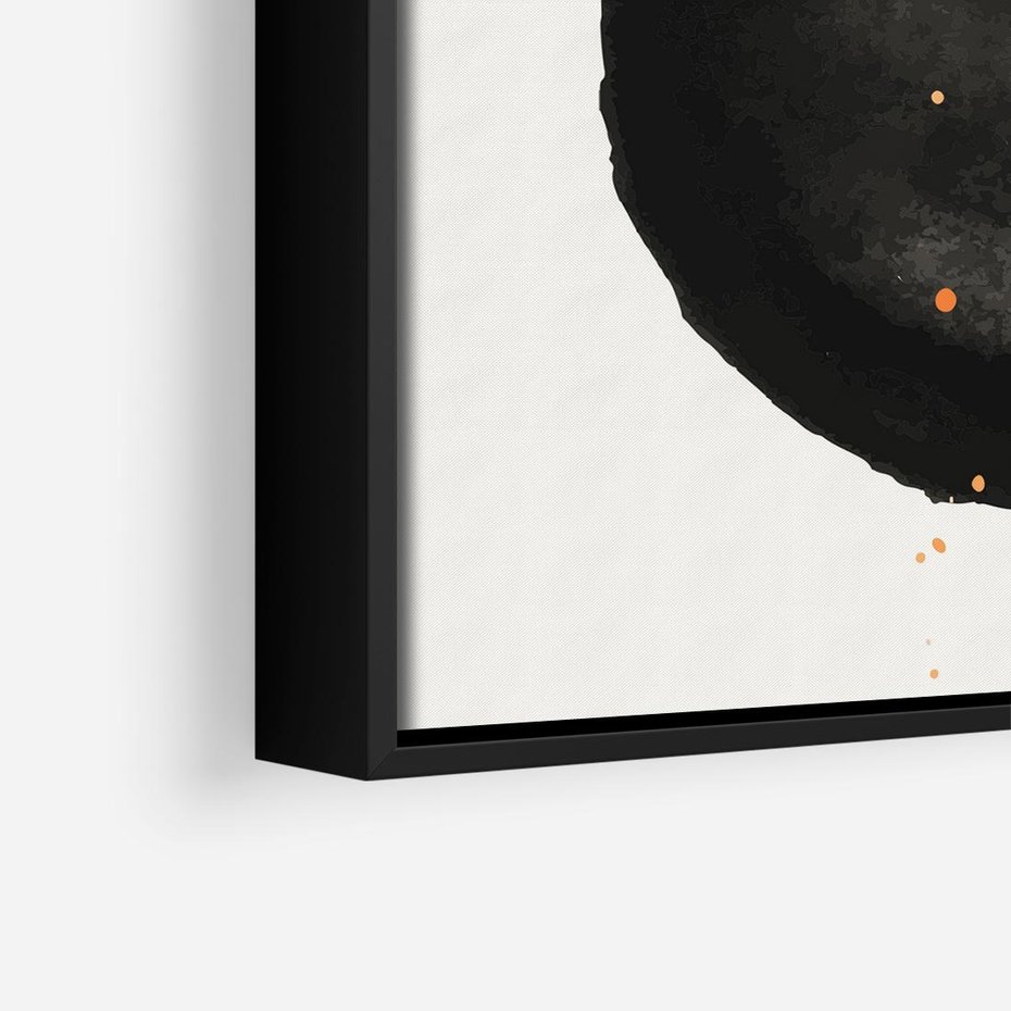 Obraz w ramie 50x50 - Wnętrza Marzeń - abstrakcyjna czarna plama, rozsiane pomarańczowe kropki - rama czarna