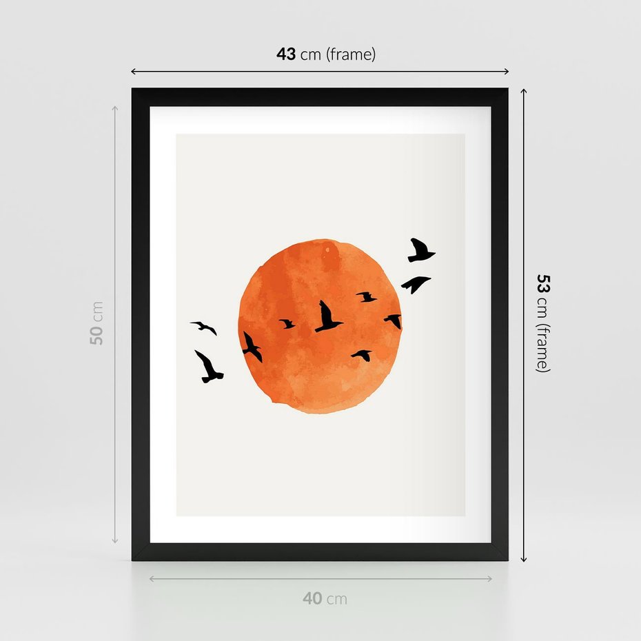 Plakat w ramie 40x50 - Zachód Słońca i Ptaki - grafika akwarela, czarne ptaki na tle zachodu słońca - rama czarna