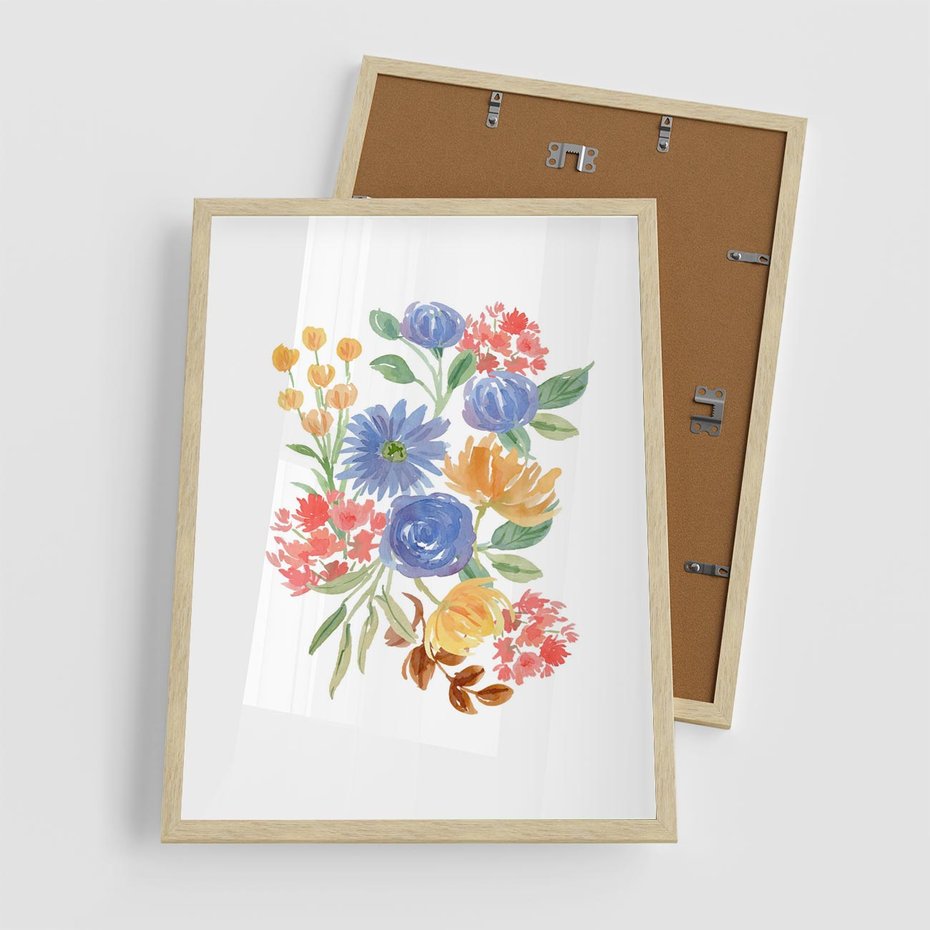 Plakat w ramie 50x70 - Kwiatowe Światło - akwarelowe kwiaty, bukiet - rama drewno