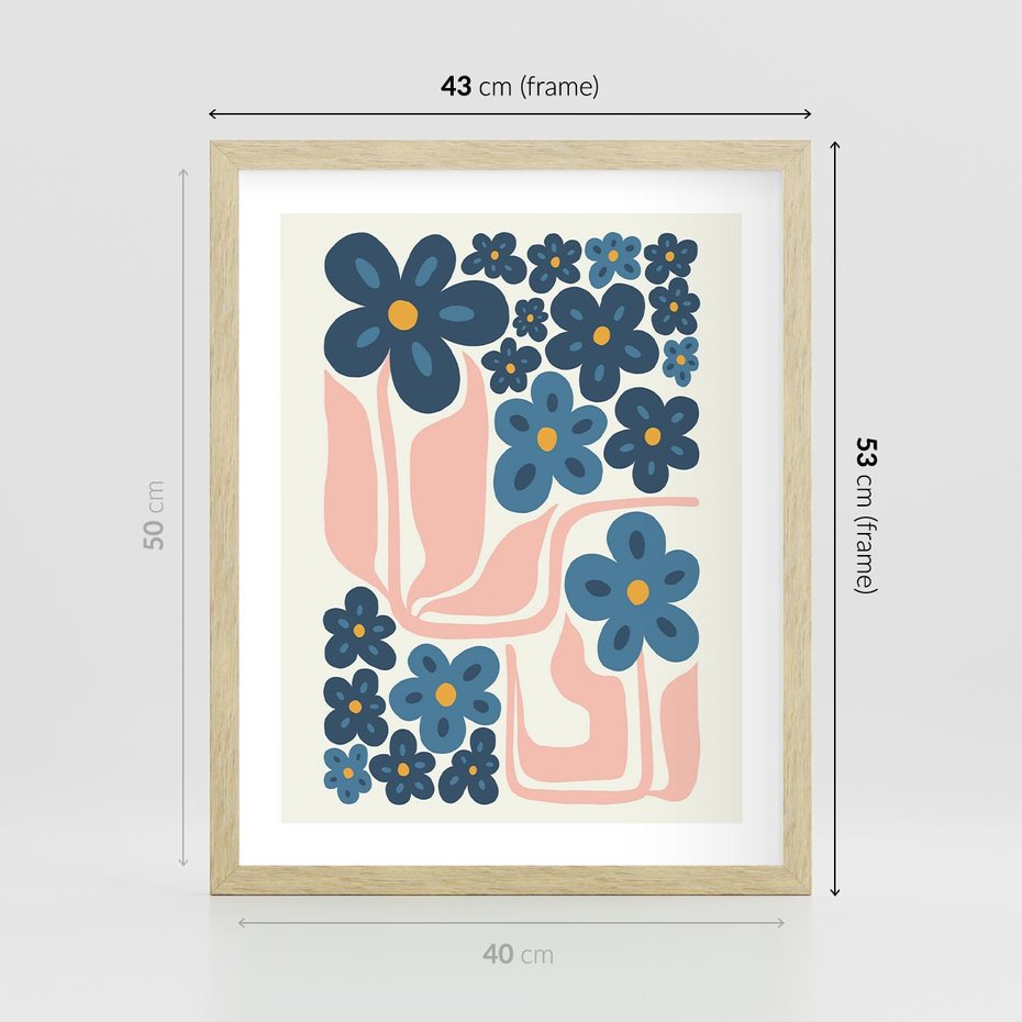 Plakat w ramie 40x50 - Niebieskie Refleksje - niebieskie kwiaty, niezapominajki - rama drewno