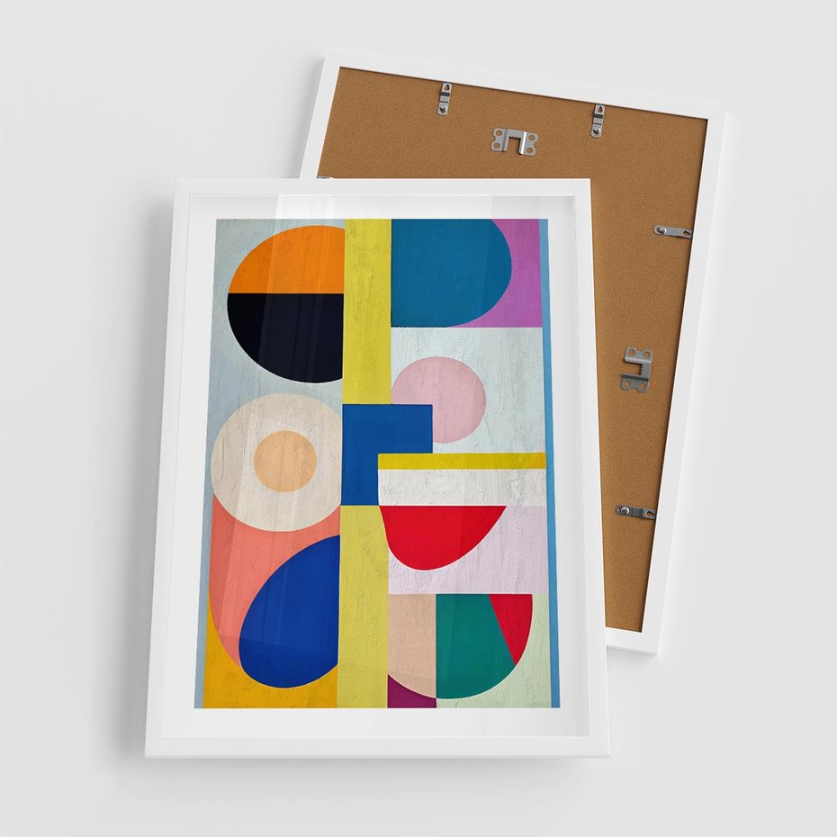 Plakat w ramie 50x70 - Harmonia Kolorowych Impulsów - abstrakcyjne geometryczne kształty, olejny obraz - rama biała