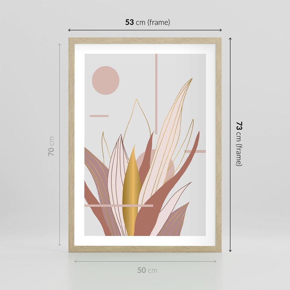 Plakat w ramie 50x70 - Złota Grafika Liści: Wyjątkowa Dekoracja - liście, złoto - rama drewno