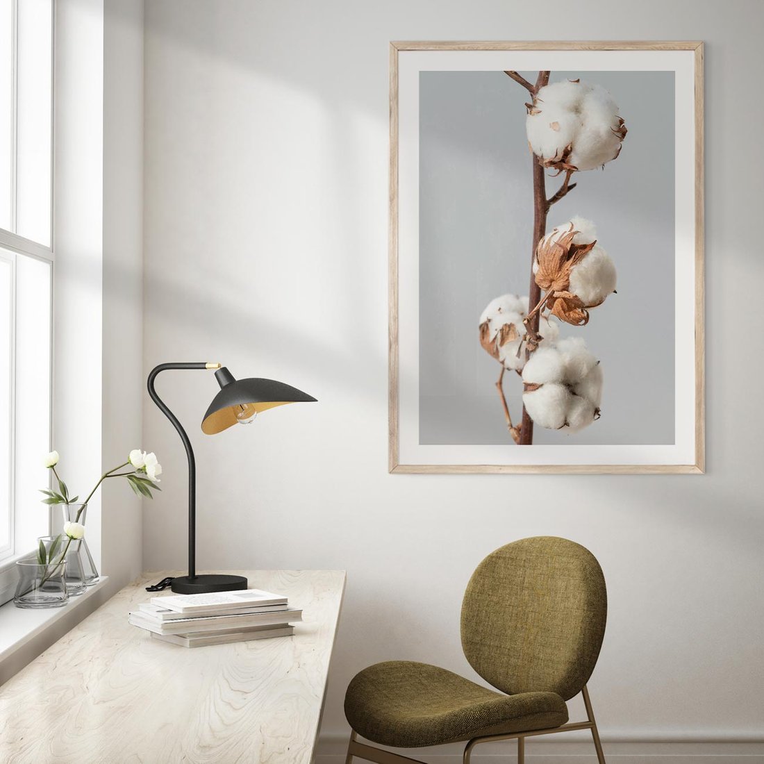 Plakat w ramie 50x70 - Bawełniana boho miękkość - bawełna, boho - rama drewno