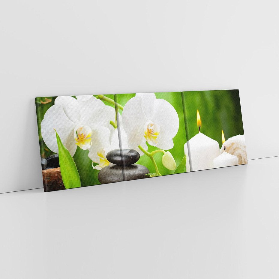 Obraz na płótnie 90x30 - Relaksacyjny SPA: masaż z kamieniami i kwiatami - SPA, masaż