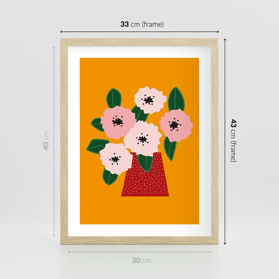 Plakat w ramie 30x40 - Harmonijne Granice - abstrakcyjne kwiaty, żółte tło - rama drewno