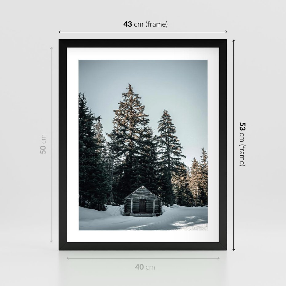 Plakat w ramie 40x50 - Chatka w Górach w Czasie Zimy - chatka w górach, zima - rama czarna