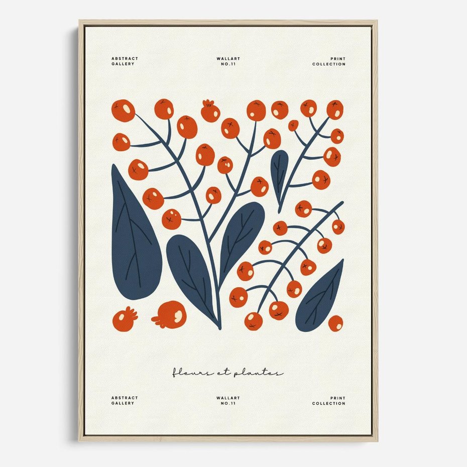 Obraz w ramie 50x70 - Minimalistyczna Uroda Jarzębin - jarzębiny, niebieskie liście - rama drewno