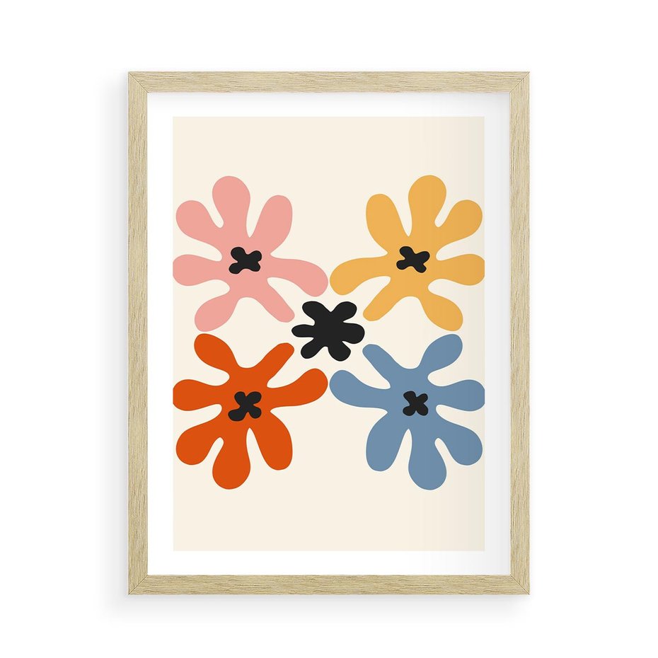 Plakat w ramie 50x70 - Taniec Akwareli - abstrakcyjne wielokolorowe kwiaty, minimalizm - rama drewno