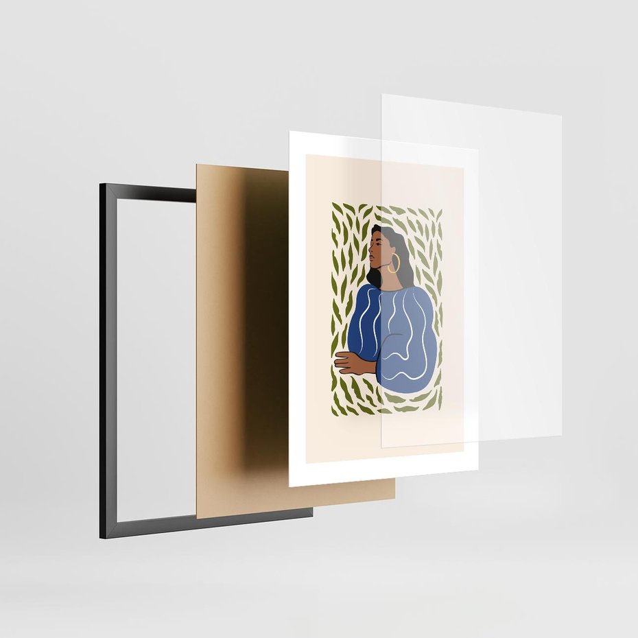 Plakat w ramie 30x40 - Rozbite Barwy - nowoczesny plakat, kobieta otoczona liśćmi - rama czarna