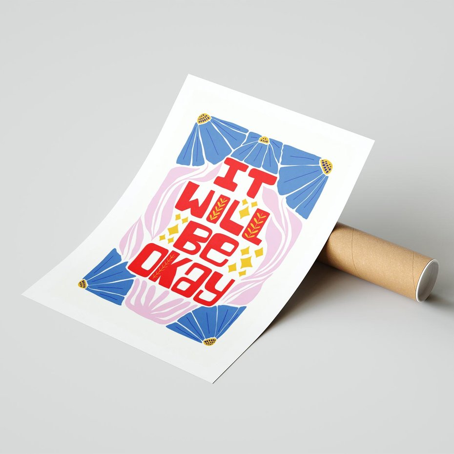 Plakat bez ramy 50x70 - Kwiatowa Ekstaza - czerwona pozytywna typografia, kwiatowa kompozycja