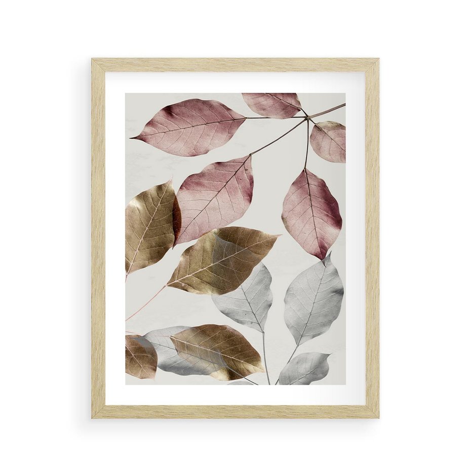 Plakat w ramie 40x50 - Pastelowe Liście z Nutką Złota - liście, pastelowe kolory - rama drewno