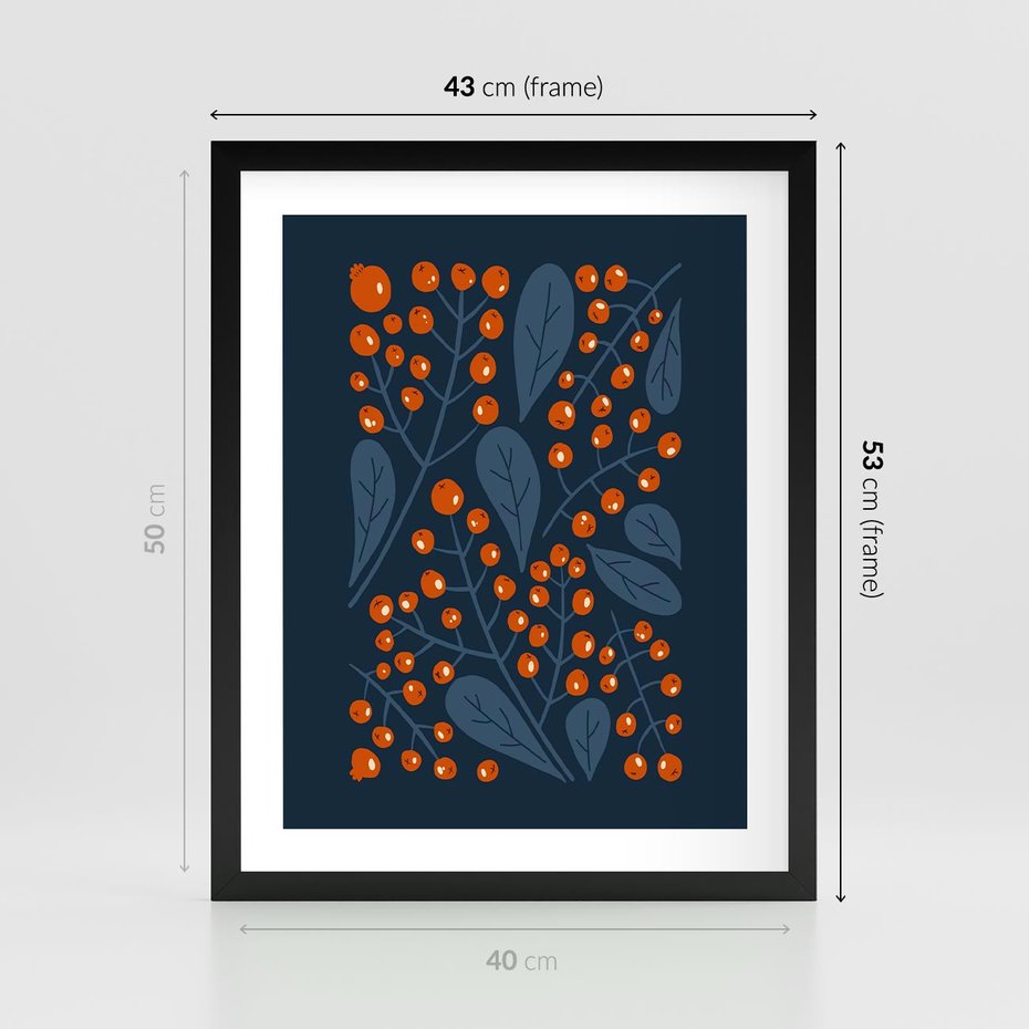 Plakat w ramie 40x50 - Symfonia liści i owoców - granatowe tło, pomarańczowe owoce jarzębiny - rama czarna