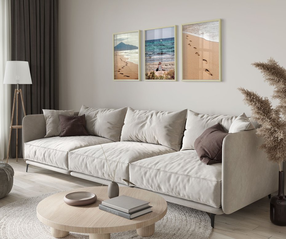 Zestaw obrazy w ramie 50x70 galeria - Plaża, zachód, słońca, ślady - rama drewno