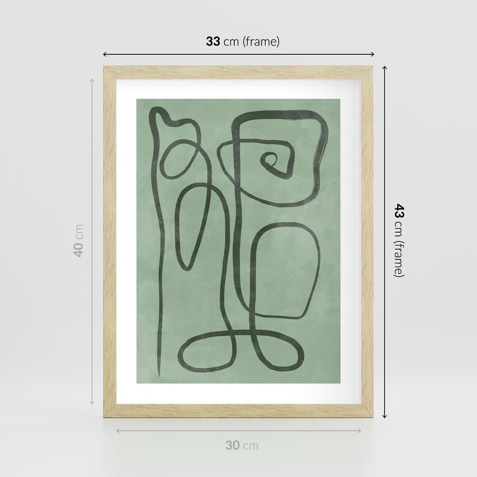 Plakat w ramie 30x40 - Zielone Wariacje w Liniach - abstrakcyjne zielone linie, skandynawski design - rama drewno