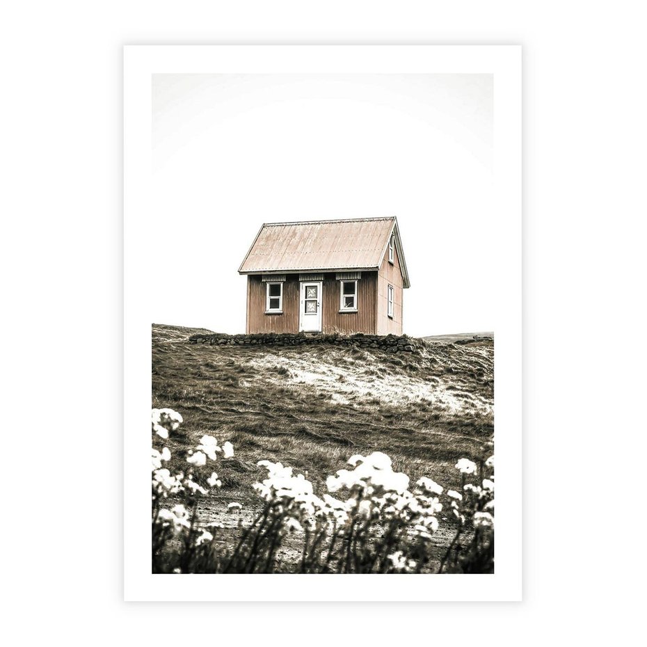 Plakat bez ramy 21x30 - Krajobraz z Przeszłości: Kwitnąca Łąka w Sepii - domek na wzgórzu, kwitnąca łąka