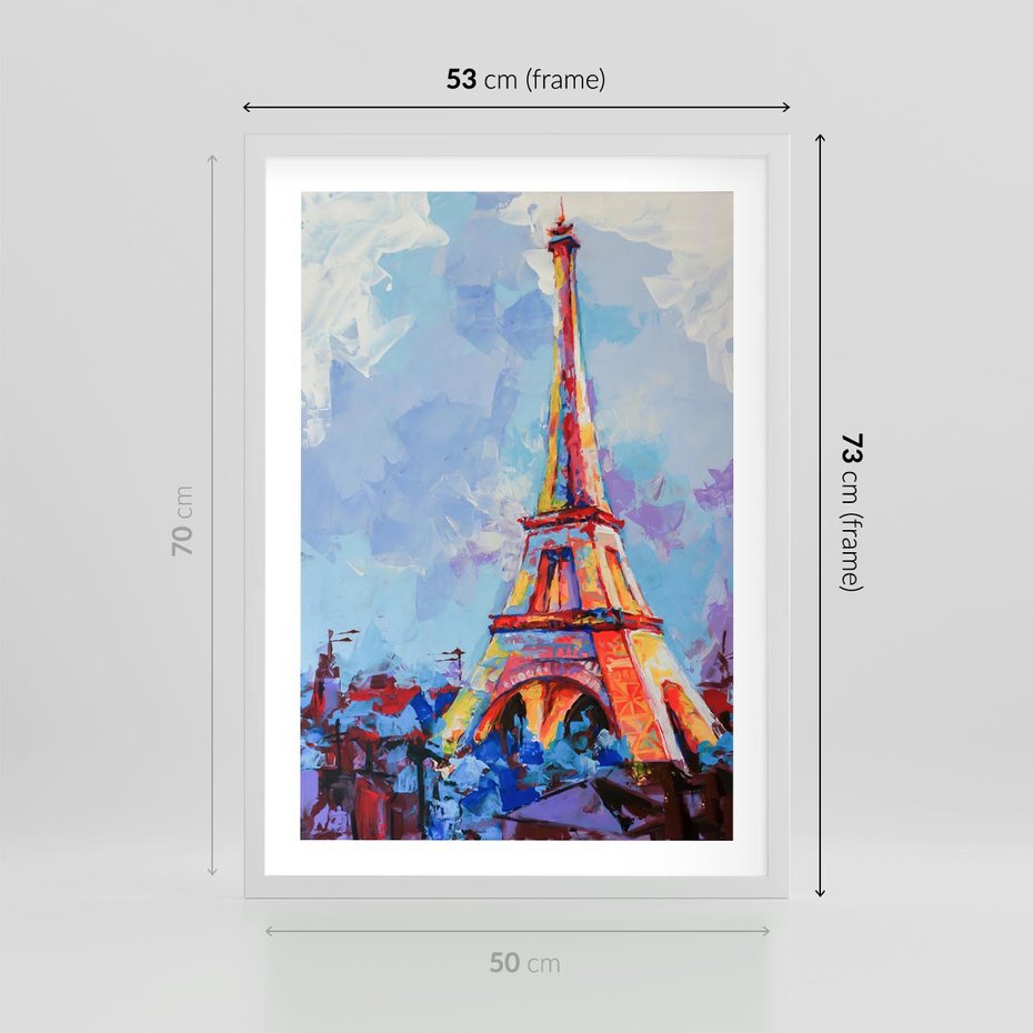 Plakat w ramie 50x70 - Paryska Wieża - olejny abstrakcyjny obraz, wieża eiffla - rama biała
