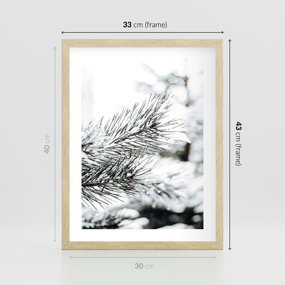 Plakat w ramie 30x40 - Chwila Zimowej Magii - iglasta gałązka, śnieg - rama drewno