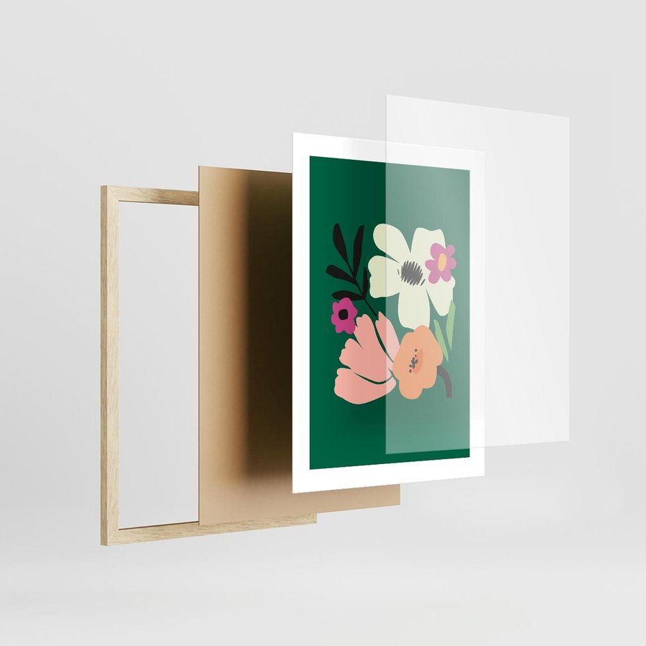 Plakat w ramie 30x40 - Rozbijające Echa - abstrakcyjne kwiaty, zielone tło - rama drewno