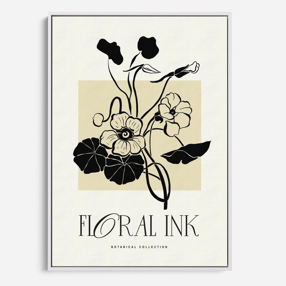 Obraz w ramie 50x70 - Podróż linii kwiatowego czasu - kwiaty, typografia - rama biała