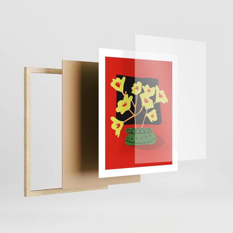 Plakat w ramie 40x50 - Abstrakcyjne Przenikanie - abstrakcyjne kwiaty, czerwone tło - rama drewno