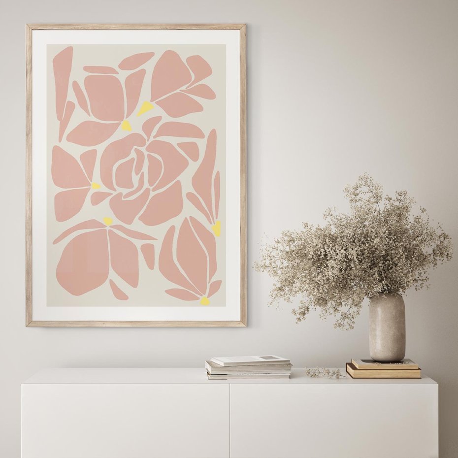 Plakat w ramie 40x50 - Rozplątane Akwarelowe Formy - abstrakcyjne boho kwiaty, kompozycja - rama drewno