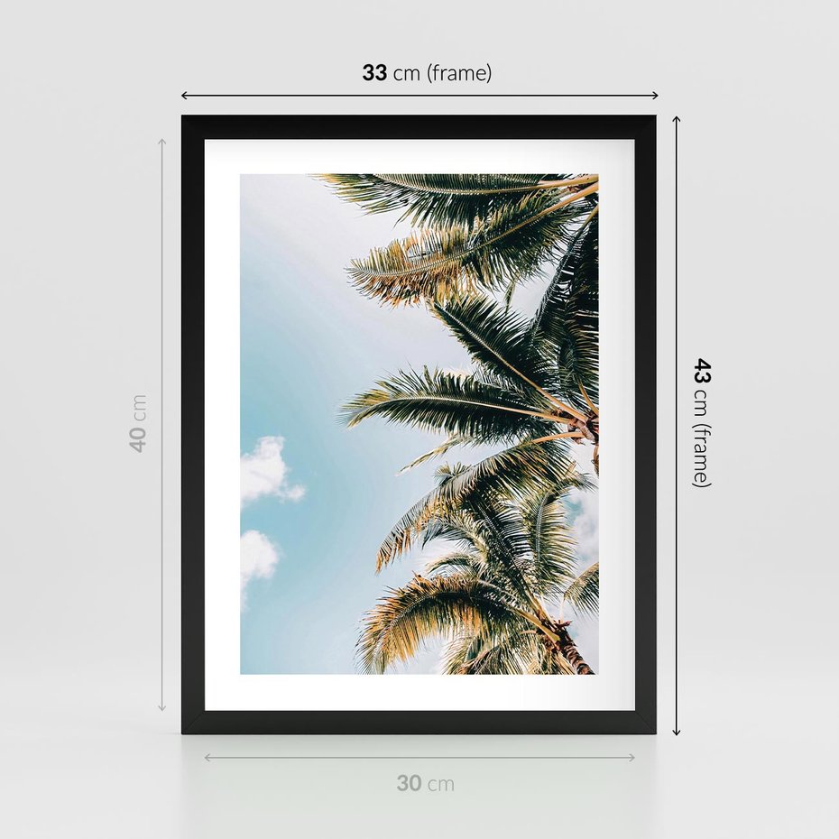 Plakat w ramie 30x40 - Pod Błękitnym Niebem - palmy, ujęcie z dołu - rama czarna
