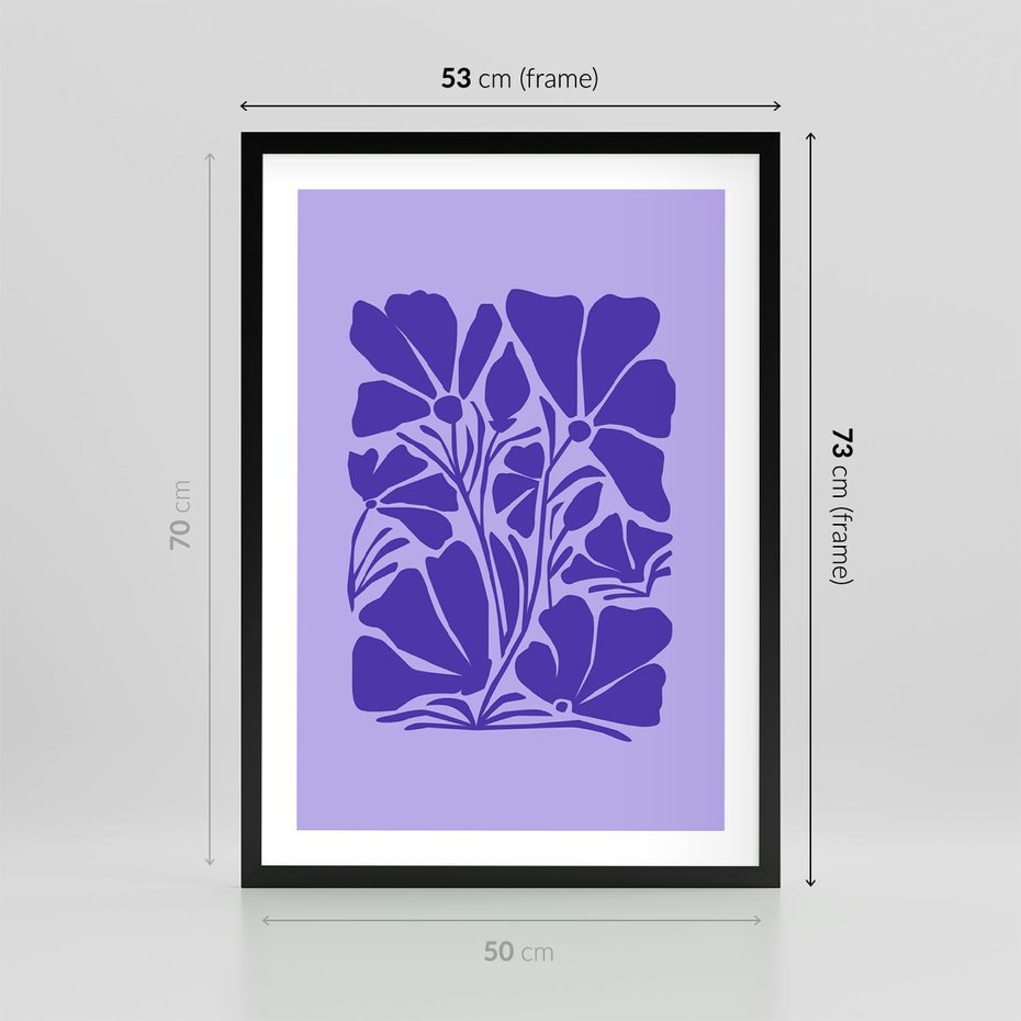 Plakat w ramie 50x70 - Migocące Boho Wibracje - kwiaty, energetyczne fioletowe tło - rama czarna