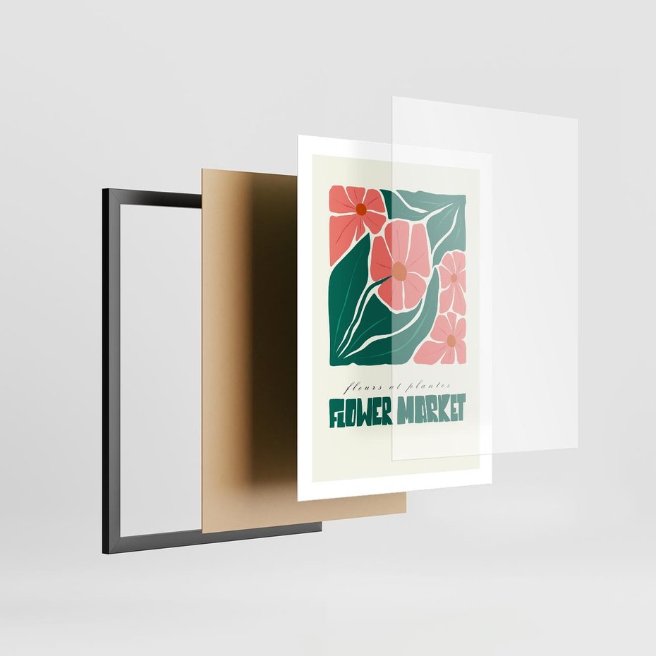 Plakat w ramie 50x70 - Retro Inspiracja - minimalistyczna kwiatowa kompozycja, pastelowe kolory - rama czarna