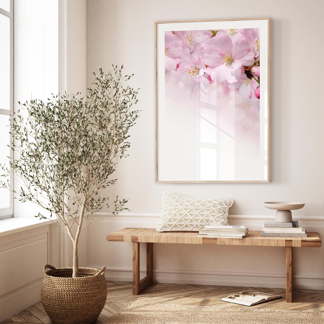 Plakat w ramie 50x70 - Kwitnąca Wiśnia - kwiaty, kwitnącej - rama drewno