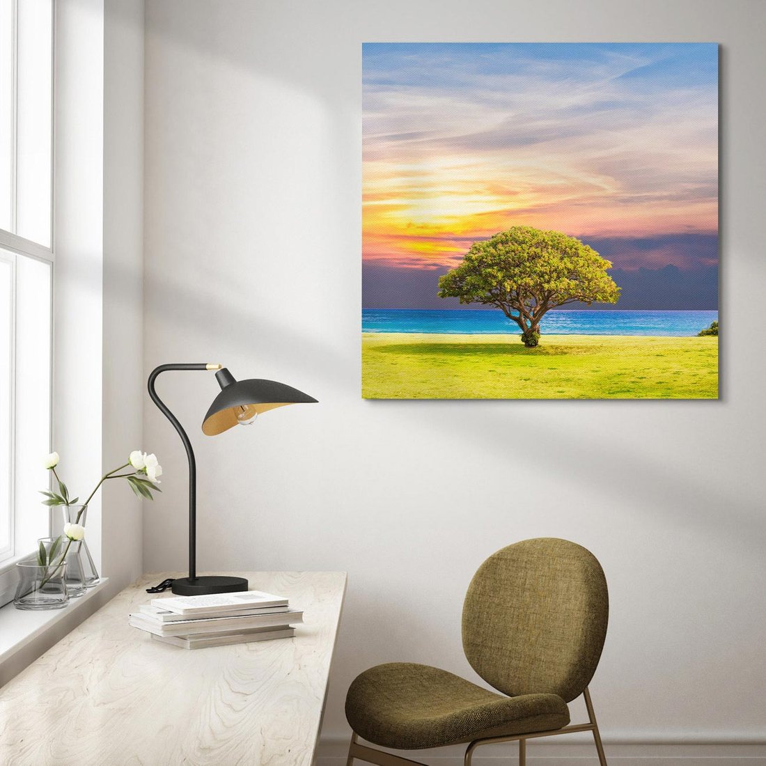 Obraz na płótnie 30x30 - Drzewo, Morze, Trawa - Naturalna Harmonia - drzewo, morze