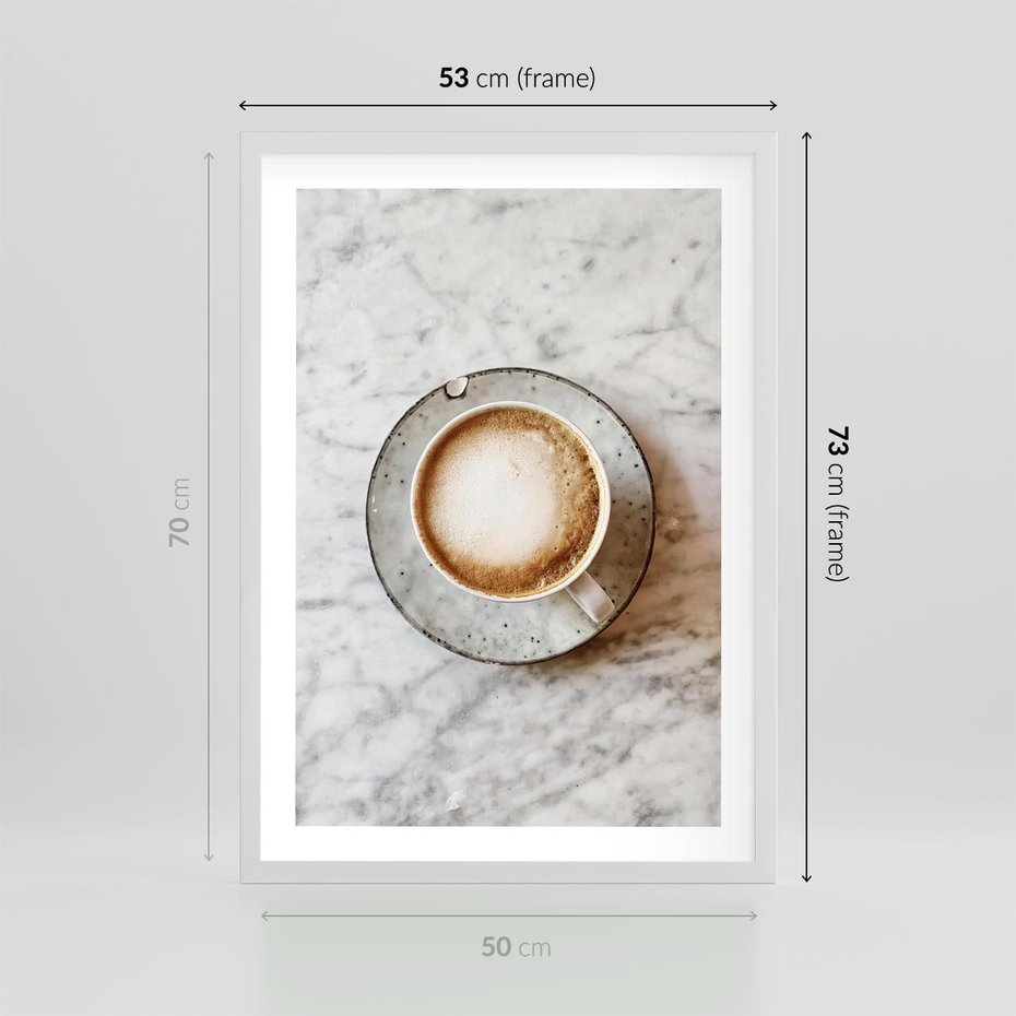 Plakat w ramie 50x70 - Kawa w Perfekcji - kawa w filiżance, cappuccino - rama biała