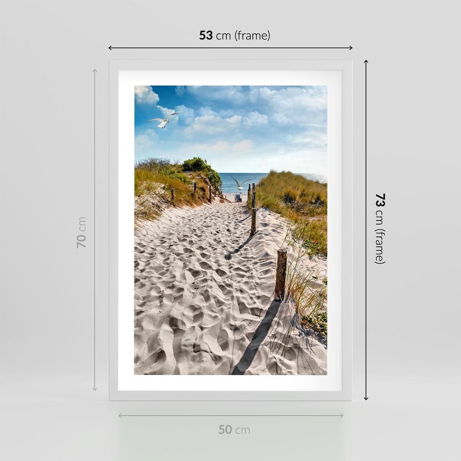 Plakat w ramie 50x70 - Mewy nad Morzem - plaża, mewy - rama biała