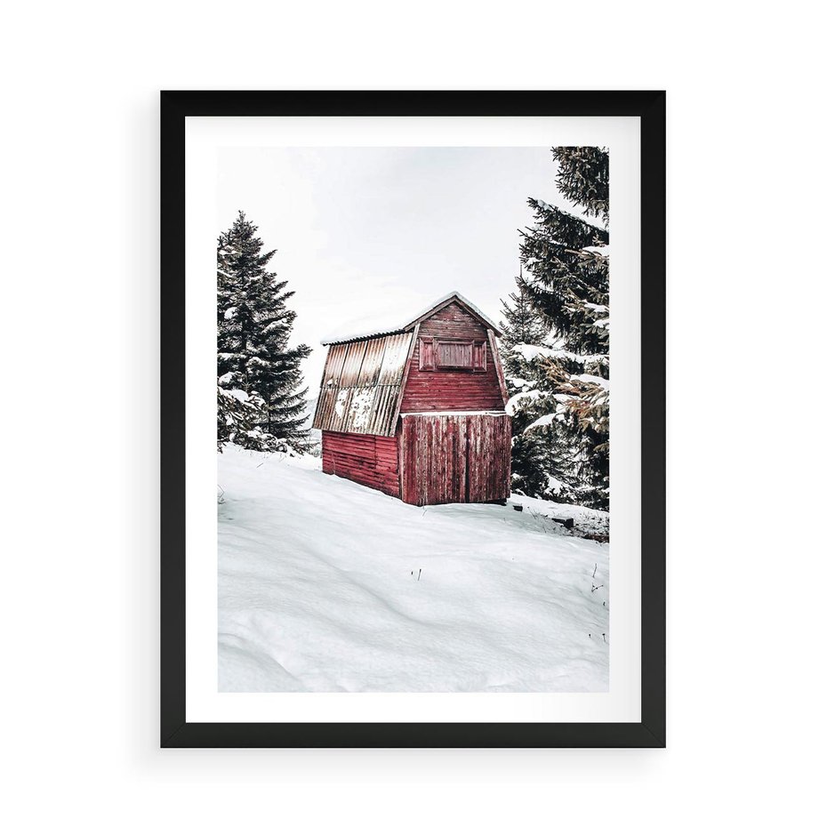 Plakat w ramie 50x70 - Domek w Śnieżnych Górach - domek, góry - rama czarna