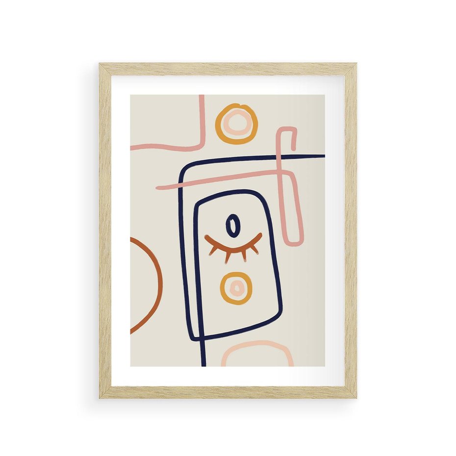 Plakat w ramie 30x40 - Manifestacje Dziwności - abstrakcja w stylu picasso, beżowe tło - rama drewno