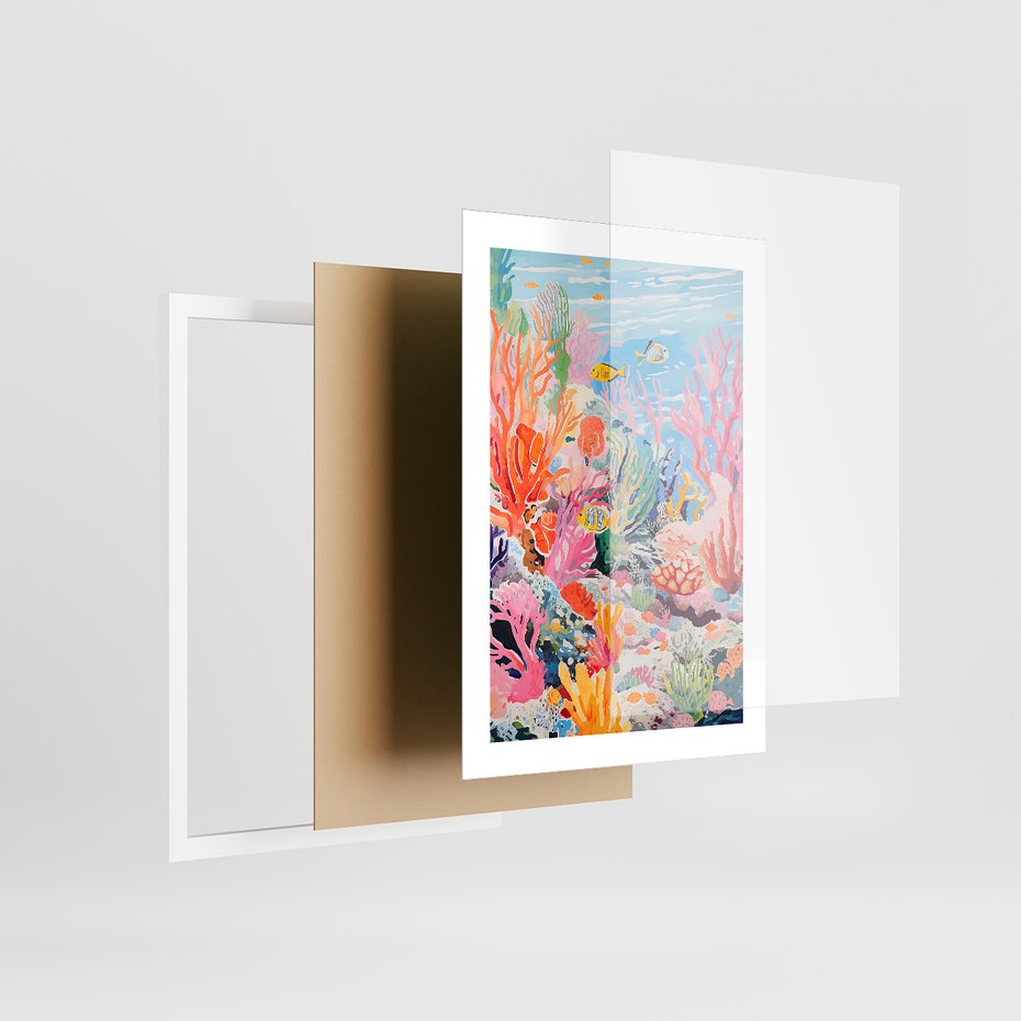 Zestaw obrazy w ramie 50x70 galeria - morze, rybki, akwarela, rafa, koralowa - rama biała