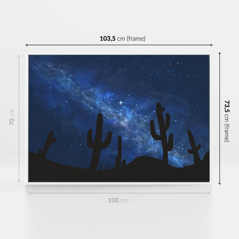 Obraz w ramie 100x70 - Nocne Tajemnice Pustyni - gwieździsta noc, granatowe niebo - rama biała
