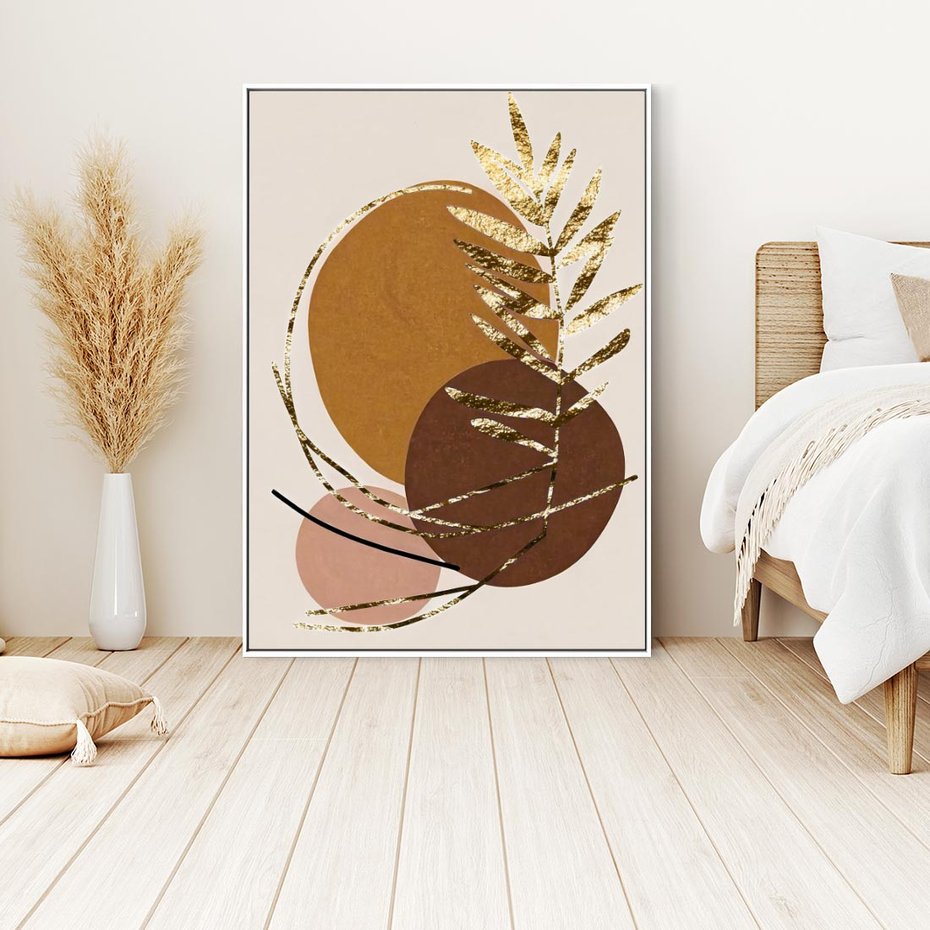 Obraz w ramie 80x120 - Taniec Przenikających Odbić - abstrakcyjny obraz, złote liście palmy - rama biała