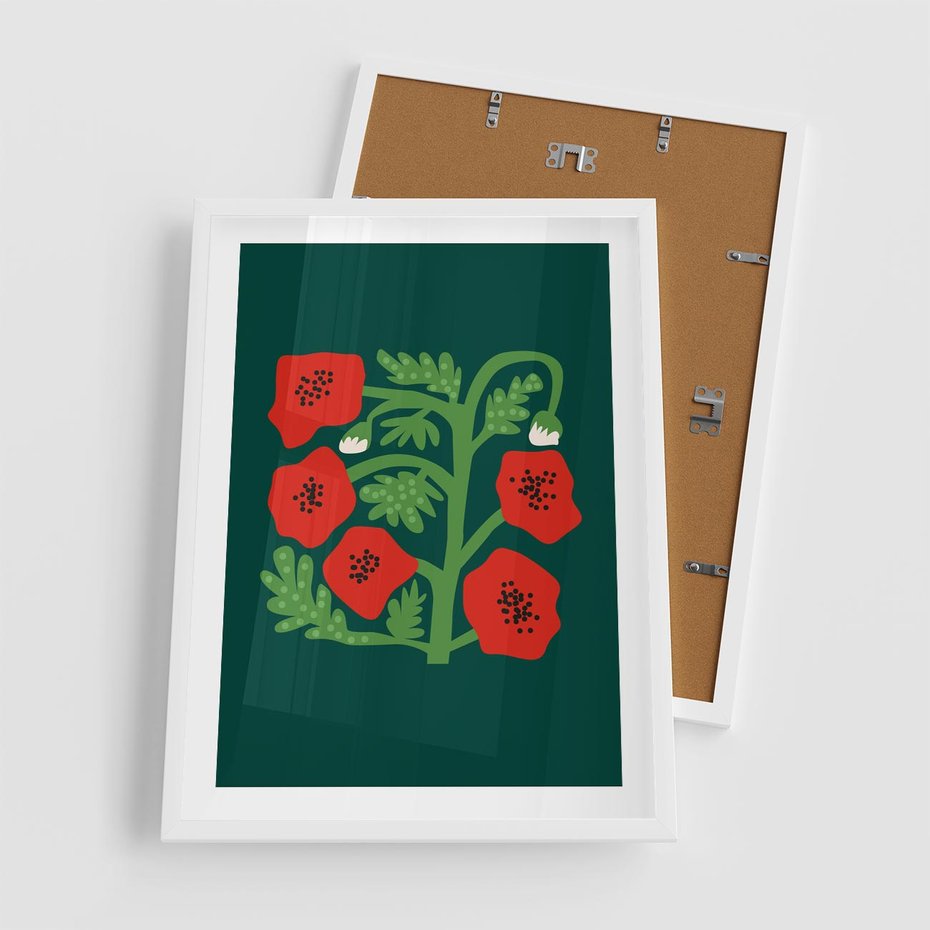 Plakat w ramie 50x70 - Księga Odbić - abstrakcyjna kwiatowa kompozycja, zielone mocne tło - rama biała